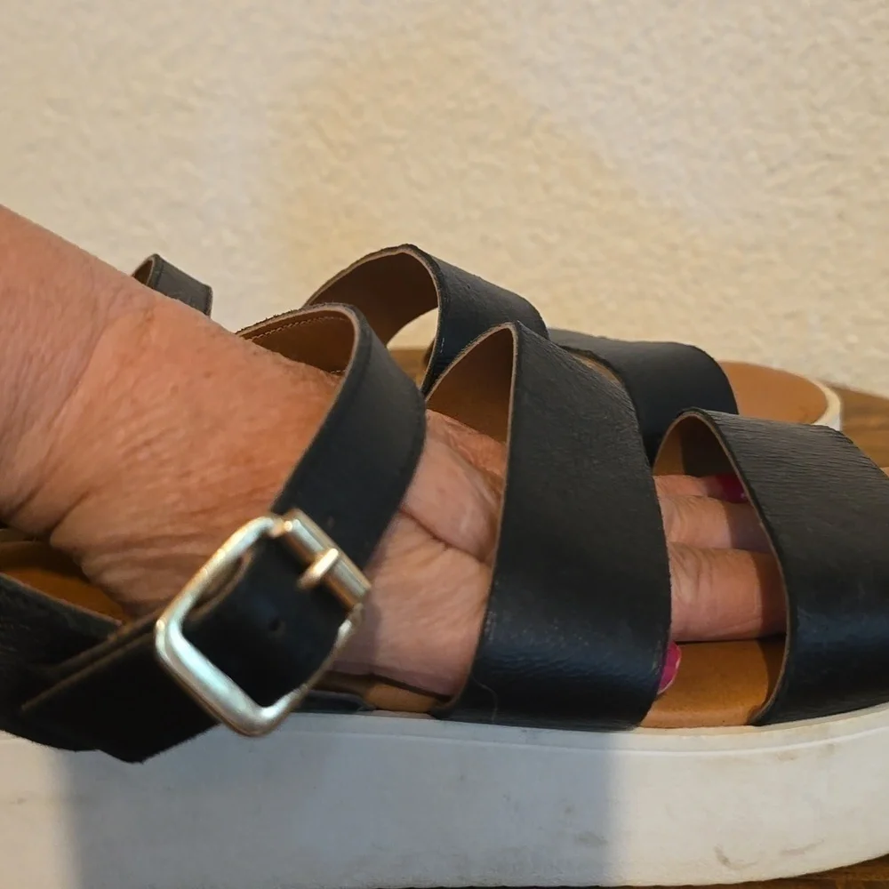 Mila Paoli Womens Black Italian Leather Platform Sandals Strappy Neutral Sz.10.5